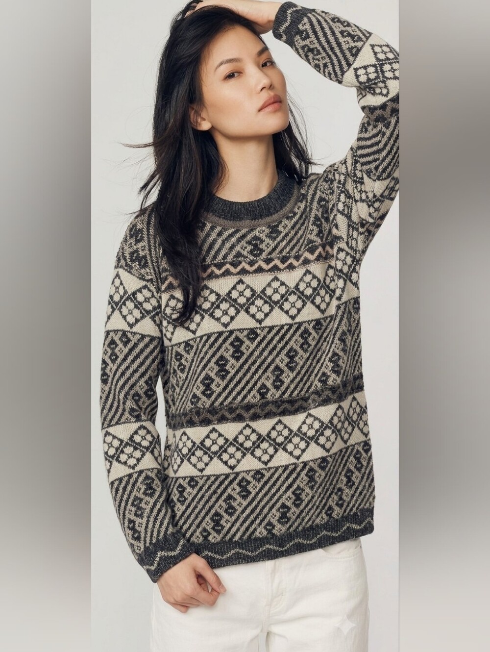 Vintage Esprit Nordic Fair Isle Crewneck Sweater Medium Charcoal Grey Cream
